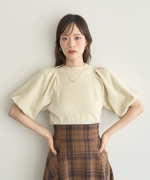 earth music&ecology(アースミュージックアンドエコロジー)の「ラメモールパフスリニットプルオーバー(Tシャツ/カットソー・レディース・モカ/ネイビー/アイボリー・FREE)」の5枚目の写真
