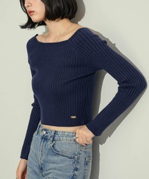 オープンボートネックリブニットプルオーバー