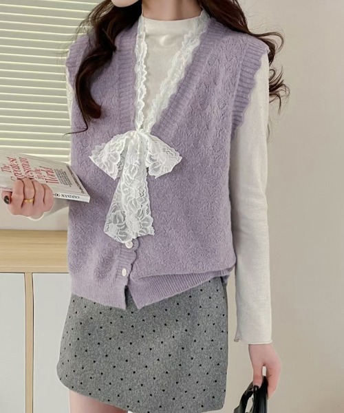 Miniministore(ミニミニストア)の「ニットベストネックラインレースニットジレ(ベスト・レディース・イエロー×グリーン/グレイッシュベージュ/ライトグレー/ピンク/ラベンダー・FREE)」の3枚目の写真