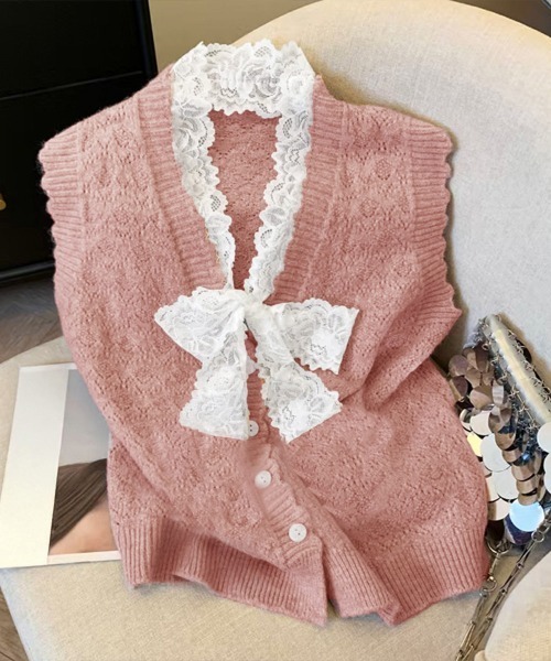 Miniministore(ミニミニストア)の「ニットベストネックラインレースニットジレ(ベスト・レディース・イエロー×グリーン/グレイッシュベージュ/ライトグレー/ピンク/ラベンダー・FREE)」の17枚目の写真