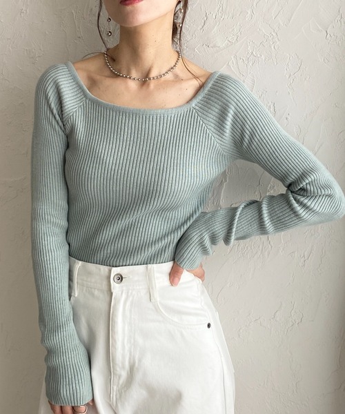 She's Closet(シーズクローゼット)の「デコルテ見せタイト長袖ボートネックリブニットトップス(ニット/セーター・レディース・杢グレー/オフホワイト/ブラック/ネイビー/ミント・FREE)」の1枚目の写真