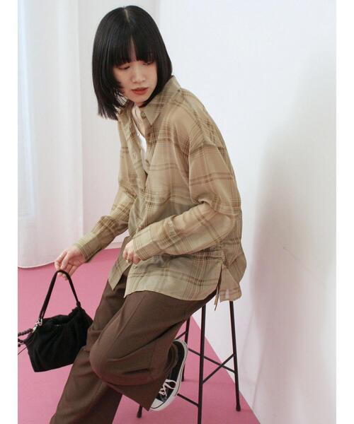 Samansa Mos2 blue(サマンサモスモスブルー)の「シアーチェックシャツ(シャツ/ブラウス・レディース・ベージュ/ブラック/ブラウン・F)」の3枚目の写真