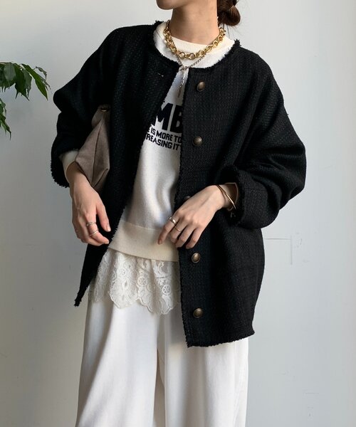 DouDou（ドゥドゥ）の「ツイードジャケット（その他アウター・レディース・ブラック/オフホワイト/ブラウン・FREE）」の3枚目の写真