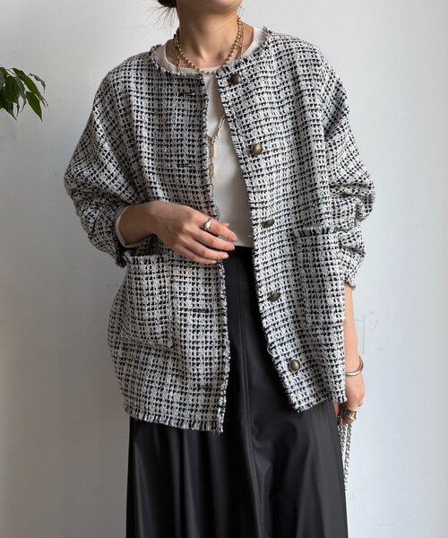 DouDou（ドゥドゥ）の「ツイードジャケット（その他アウター・レディース・ブラック/オフホワイト/ブラウン・FREE）」の9枚目の写真