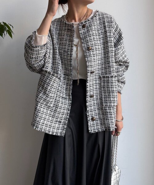 DouDou（ドゥドゥ）の「ツイードジャケット（その他アウター・レディース・ブラック/オフホワイト/ブラウン・FREE）」の10枚目の写真