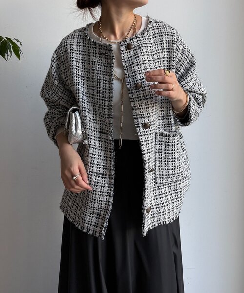 DouDou（ドゥドゥ）の「ツイードジャケット（その他アウター・レディース・ブラック/オフホワイト/ブラウン・FREE）」の11枚目の写真