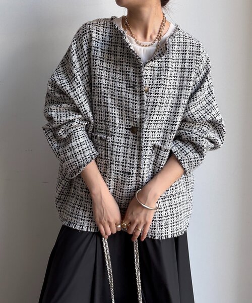 DouDou（ドゥドゥ）の「ツイードジャケット（その他アウター・レディース・ブラック/オフホワイト/ブラウン・FREE）」の12枚目の写真