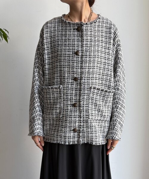 DouDou（ドゥドゥ）の「ツイードジャケット（その他アウター・レディース・ブラック/オフホワイト/ブラウン・FREE）」の13枚目の写真