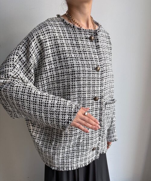 DouDou（ドゥドゥ）の「ツイードジャケット（その他アウター・レディース・ブラック/オフホワイト/ブラウン・FREE）」の19枚目の写真