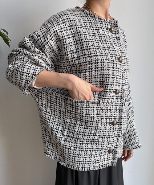 DouDou（ドゥドゥ）の「ツイードジャケット（その他アウター・レディース・ブラック/オフホワイト/ブラウン・FREE）」の20枚目の写真