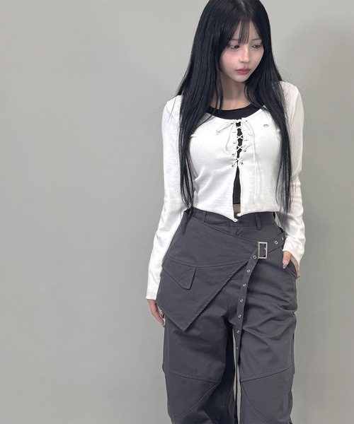 FOLLOWIN（フォロウィン）の「2way/ラップスカートレイヤーワイドパンツ（その他パンツ・レディース・グレー/ブラック・MEDIUM/SMALL）」の13枚目の写真