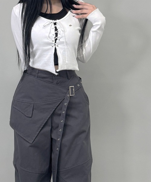 FOLLOWIN（フォロウィン）の「2way/ラップスカートレイヤーワイドパンツ（その他パンツ・レディース・グレー/ブラック・MEDIUM/SMALL）」の15枚目の写真