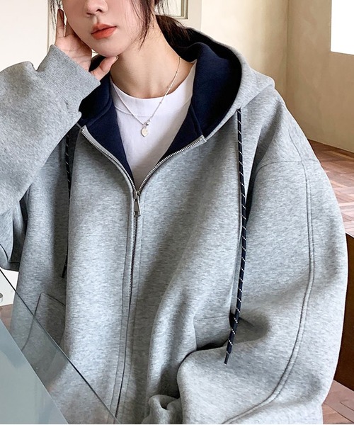 バイカラージップアップスウェットパーカー（パーカー）｜AMAJI