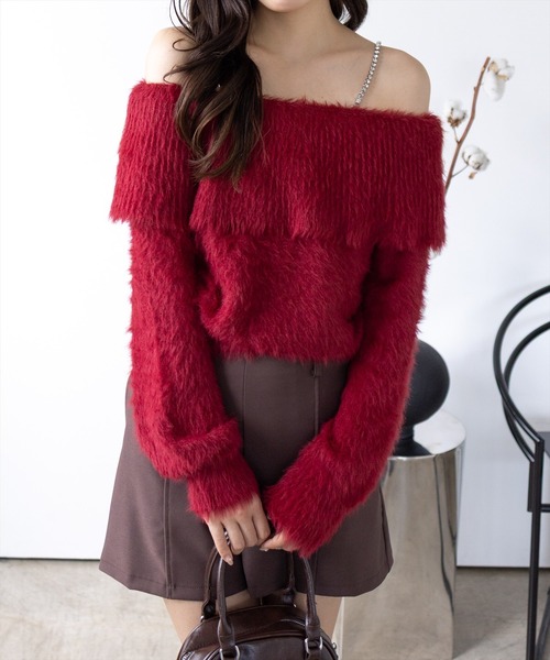 clear（クリア）の「肩ビジューフェザーオフショルニットトップス[大人 フェミニン 上品]≪AW新作≫（ニット/セーター・レディース・ミント/ボルドー/ブラウン/グレー/アイボリー/ブラック/ピンクベージュ・F）」の7枚目の写真