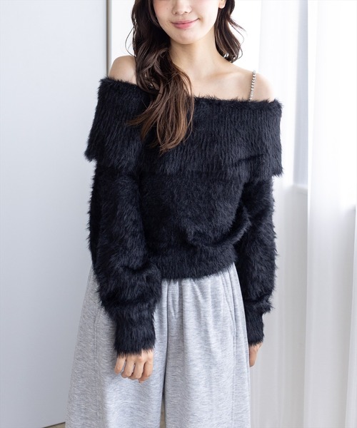 セール】肩ビジューフェザーオフショルニットトップス[大人 フェミニン