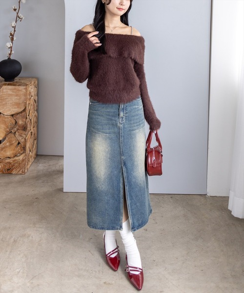 clear（クリア）の「肩ビジューフェザーオフショルニットトップス[大人 フェミニン 上品]≪AW新作≫（ニット/セーター・レディース・ミント/ボルドー/ブラウン/グレー/アイボリー/ブラック/ピンクベージュ・F）」の9枚目の写真