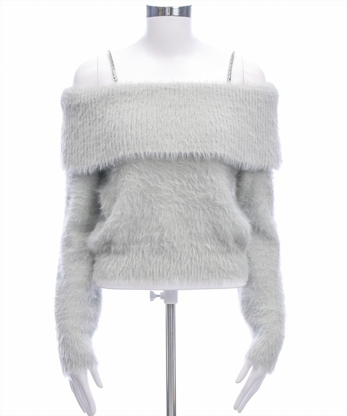 セール】肩ビジューフェザーオフショルニットトップス[大人 フェミニン