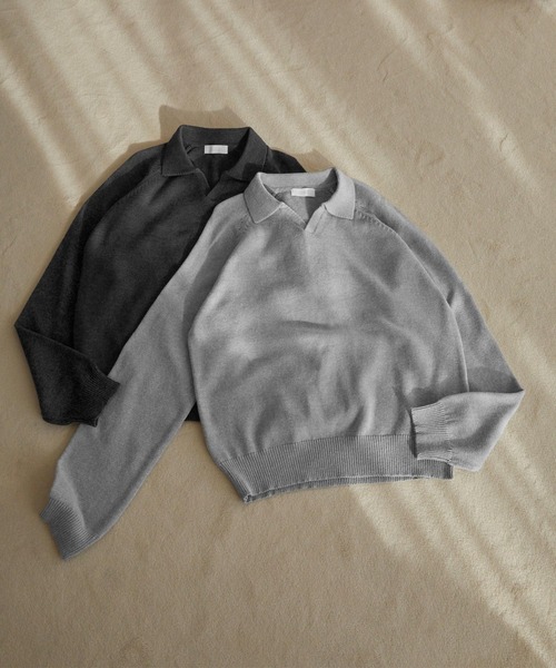 LUENNA（ルエナ）の「【LUENNA】Skipper Knit Polo Shirt / スキッパーニットポロシャツ（ニット/セーター・メンズ・チャコールグレー/ライトグレー・S/M/L）」の3枚目の写真