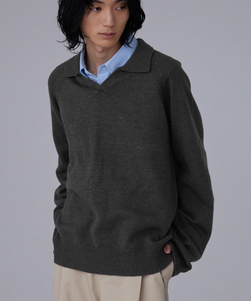 LUENNA（ルエナ）の「【LUENNA】Skipper Knit Polo Shirt / スキッパーニットポロシャツ（ニット/セーター・メンズ・チャコールグレー/ライトグレー・S/M/L）」の8枚目の写真
