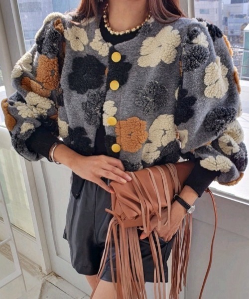 セール】フラワー柄ボアジャガードニットカーディガン（カーディガン