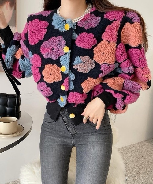 セール】フラワー柄ボアジャガードニットカーディガン（カーディガン