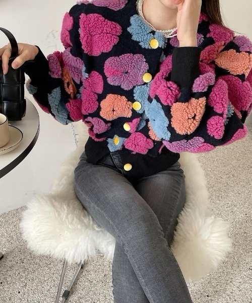 セール】フラワー柄ボアジャガードニットカーディガン（カーディガン