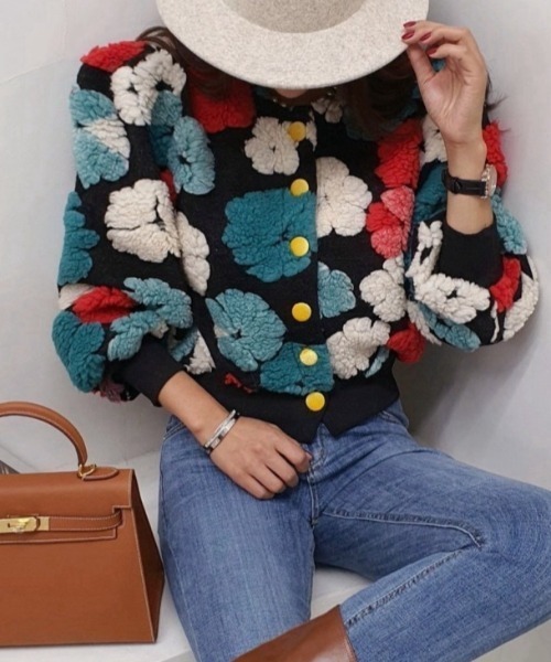 セール】フラワー柄ボアジャガードニットカーディガン（カーディガン