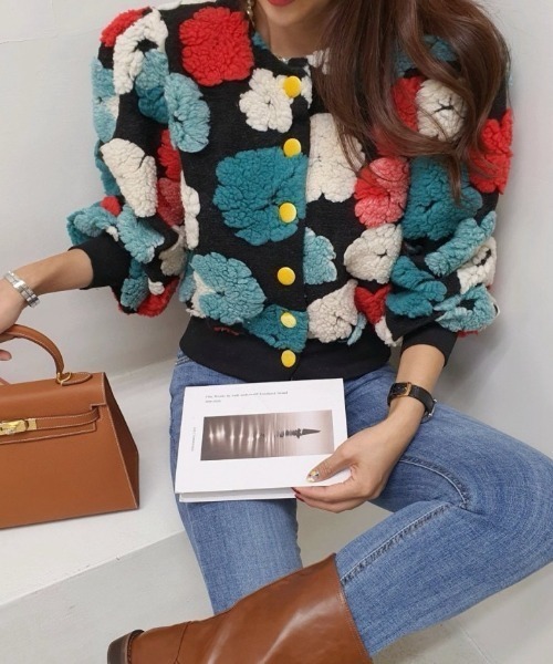 セール】フラワー柄ボアジャガードニットカーディガン（カーディガン
