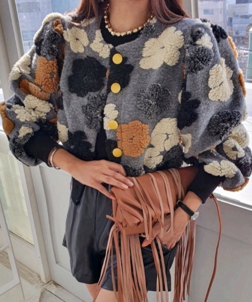 セール】フラワー柄ボアジャガードニットカーディガン（カーディガン