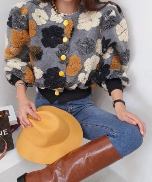 セール】フラワー柄ボアジャガードニットカーディガン（カーディガン