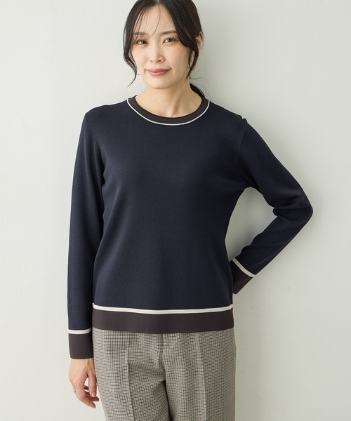 A/C DESIGN BY ALPHA CUBIC(エーシーデザインバイアルファキュービック)の「配色ニットプルオーバー【洗える・毛玉ができにくい】(ニット/セーター・レディース・ネイビー/モカ/レッド・M/L)」の1枚目の写真