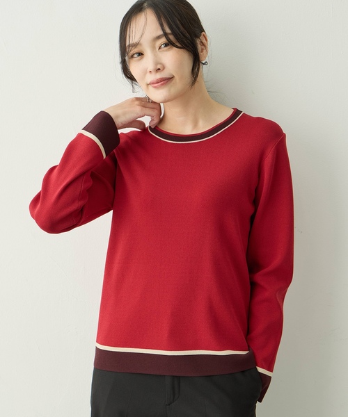 A/C DESIGN BY ALPHA CUBIC(エーシーデザインバイアルファキュービック)の「配色ニットプルオーバー【洗える・毛玉ができにくい】(ニット/セーター・レディース・ネイビー/モカ/レッド・M/L)」の3枚目の写真