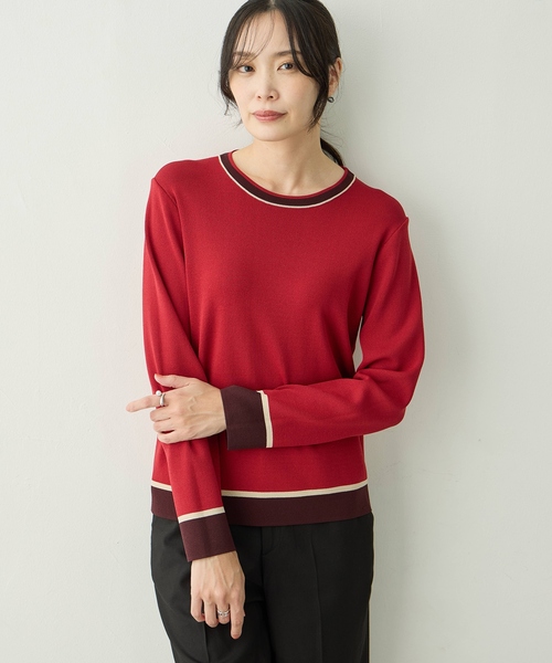 A/C DESIGN BY ALPHA CUBIC(エーシーデザインバイアルファキュービック)の「配色ニットプルオーバー【洗える・毛玉ができにくい】(ニット/セーター・レディース・ネイビー/モカ/レッド・M/L)」の4枚目の写真