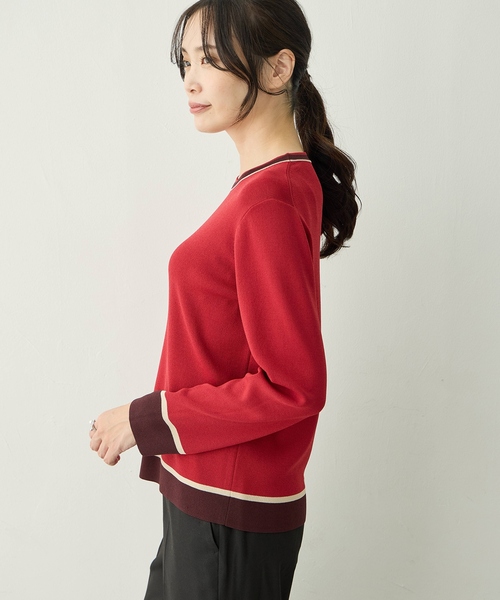 A/C DESIGN BY ALPHA CUBIC(エーシーデザインバイアルファキュービック)の「配色ニットプルオーバー【洗える・毛玉ができにくい】(ニット/セーター・レディース・ネイビー/モカ/レッド・M/L)」の5枚目の写真
