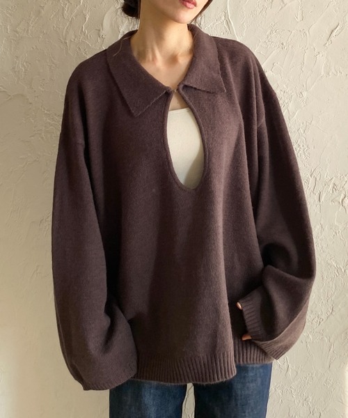 She's Closet（シーズクローゼット）の「深vネック長袖オーバーサイズスキッパーポロニット（ニット/セーター・レディース・ブラウン/グレー/ブラック/ベージュ・FREE）」の3枚目の写真