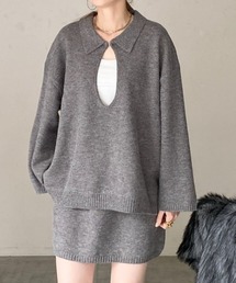 深vネック長袖オーバーサイズスキッパーポロニット
