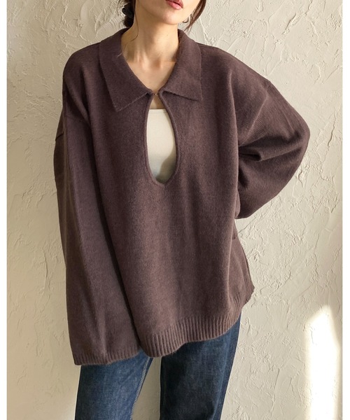 She's Closet（シーズクローゼット）の「深vネック長袖オーバーサイズスキッパーポロニット（ニット/セーター・レディース・ブラウン/グレー/ブラック/ベージュ・FREE）」の9枚目の写真