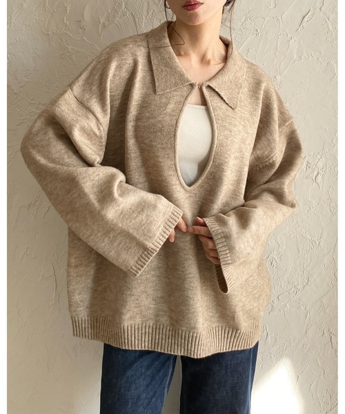 She's Closet（シーズクローゼット）の「深vネック長袖オーバーサイズスキッパーポロニット（ニット/セーター・レディース・ブラウン/グレー/ブラック/ベージュ・FREE）」の8枚目の写真