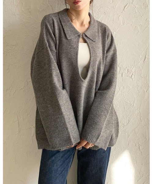 She's Closet（シーズクローゼット）の「深vネック長袖オーバーサイズスキッパーポロニット（ニット/セーター・レディース・ブラウン/グレー/ブラック/ベージュ・FREE）」の7枚目の写真