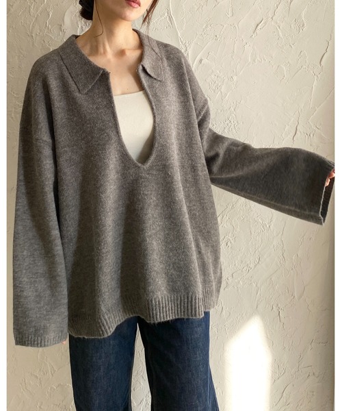 She's Closet（シーズクローゼット）の「深vネック長袖オーバーサイズスキッパーポロニット（ニット/セーター・レディース・ブラウン/グレー/ブラック/ベージュ・FREE）」の6枚目の写真
