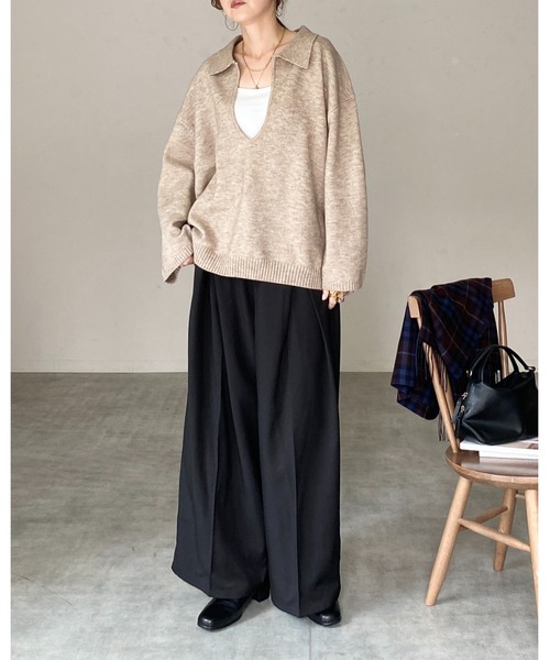 She's Closet（シーズクローゼット）の「深vネック長袖オーバーサイズスキッパーポロニット（ニット/セーター・レディース・ブラウン/グレー/ブラック/ベージュ・FREE）」の20枚目の写真