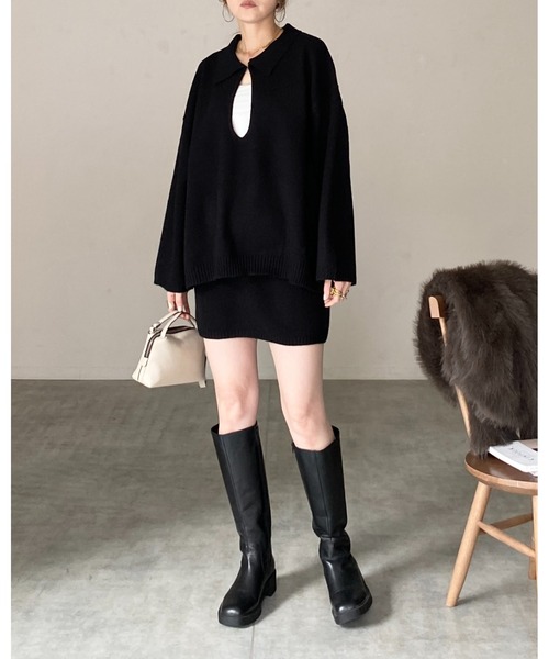 She's Closet（シーズクローゼット）の「深vネック長袖オーバーサイズスキッパーポロニット（ニット/セーター・レディース・ブラウン/グレー/ブラック/ベージュ・FREE）」の18枚目の写真