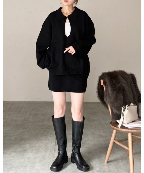 She's Closet（シーズクローゼット）の「深vネック長袖オーバーサイズスキッパーポロニット（ニット/セーター・レディース・ブラウン/グレー/ブラック/ベージュ・FREE）」の16枚目の写真