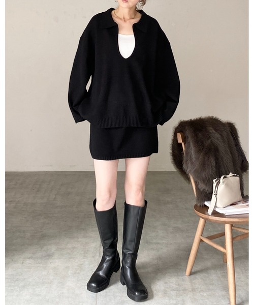 She's Closet（シーズクローゼット）の「深vネック長袖オーバーサイズスキッパーポロニット（ニット/セーター・レディース・ブラウン/グレー/ブラック/ベージュ・FREE）」の15枚目の写真