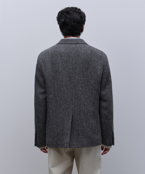 ハリスツイード] ヘリンボーンアウトポケットブレザー [ダークグレー