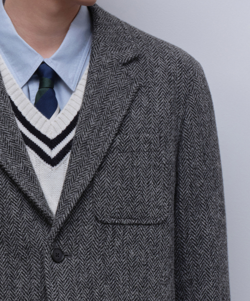 セール】[ハリスツイード] ヘリンボーンアウトポケットブレザー