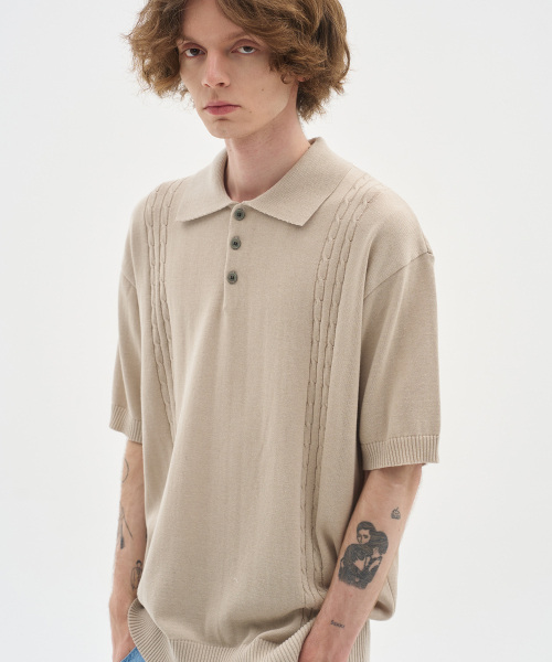 BLOND9(ブロンドナイン)の「ソフトケーブルカラー半袖ニット_ベージュ(ニット/セーター・メンズ・その他・MEDIUM/LARGE/X-LARGE)」の2枚目の写真