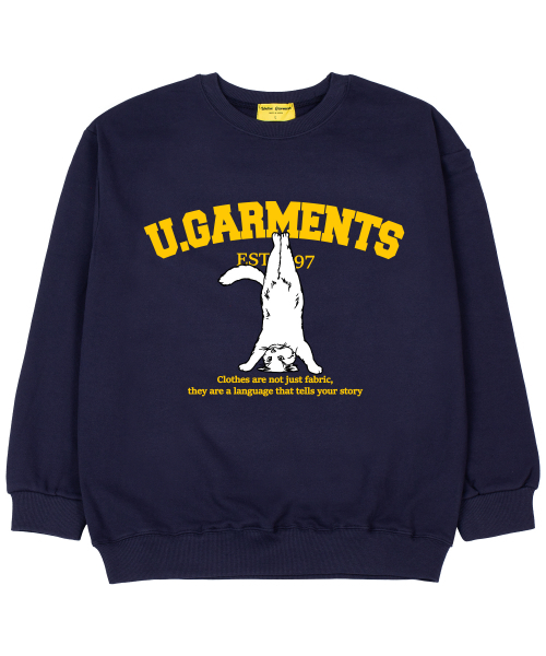 Union Garments(ユニオンガーメンツ)の「ヘッドスタンドキャット 裏毛 オーバーサイズ スウェットシャツ ネイビー(スウェット・レディース・その他・MEDIUM/LARGE/X-LARGE/XX-LARGE)」の1枚目の写真