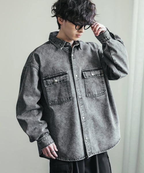 Rocky Monroe(ロッキーモンロー)の「ヴィンテージライク オーバーサイズデニムワークシャツジャケット(デニムジャケット・メンズ・ライトブラック/ブラック/インディゴブルー/ワンウォッシュ/ケミカルウォッシュ・L/XL/M)」の10枚目の写真