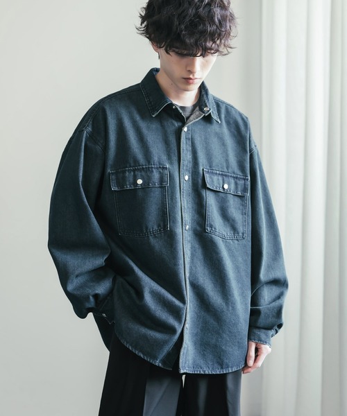 Rocky Monroe(ロッキーモンロー)の「ヴィンテージライク オーバーサイズデニムワークシャツジャケット(デニムジャケット・メンズ・ライトブラック/ブラック/インディゴブルー/ワンウォッシュ/ケミカルウォッシュ・L/XL/M)」の14枚目の写真